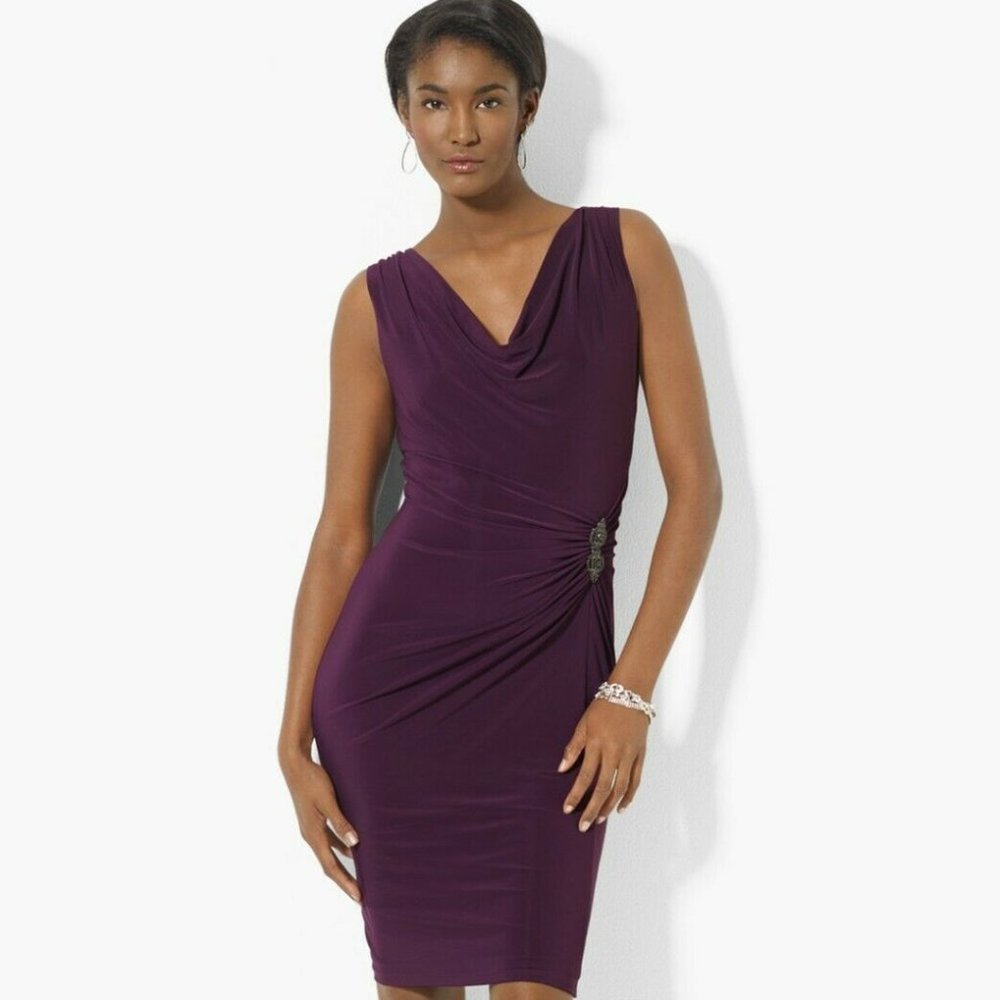 Ralph Lauren Eggplant Lined Cowl Deco Pin Dress 16